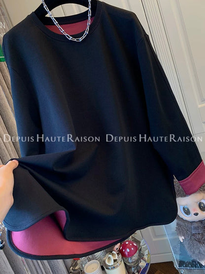 DHR unique design temperament contrast color round neck long sleeve T-shirt sweater bottoming shirt loose top female 2025 autumn