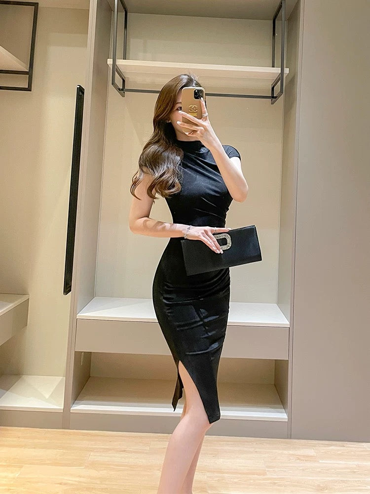 French style small flying sleeve dress for small people, new summer style, stand-up collar, waist slimming, slim fit, slit and hip skirt