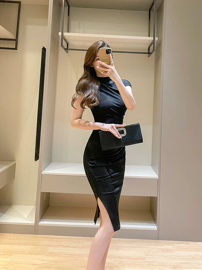 French style small flying sleeve dress for small people, new summer style, stand-up collar, waist slimming, slim fit, slit and hip skirt