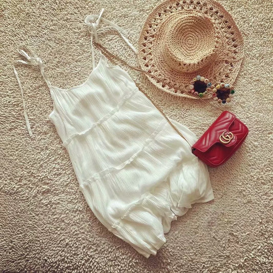 Beach holiday little white dress Cascading ruffled white suspender dress for women