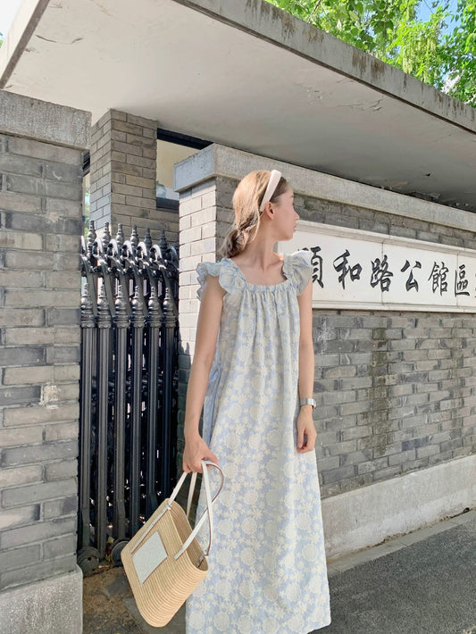 freshtaro resurrection series can't refuse the small flying sleeves gray blue frangipani embroidered dress for women summer