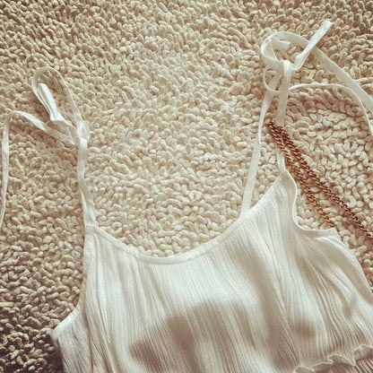 Beach holiday little white dress Cascading ruffled white suspender dress for women