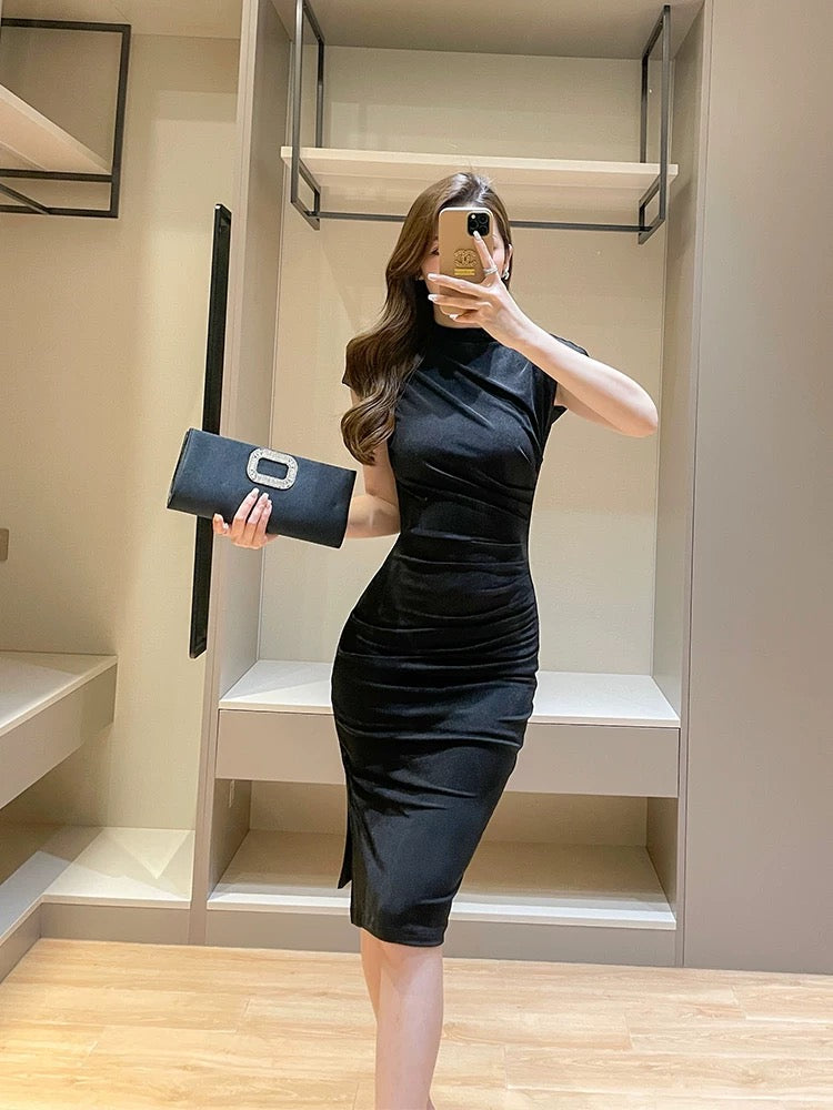 French style small flying sleeve dress for small people, new summer style, stand-up collar, waist slimming, slim fit, slit and hip skirt