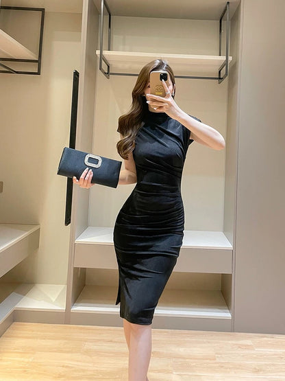 French style small flying sleeve dress for small people, new summer style, stand-up collar, waist slimming, slim fit, slit and hip skirt