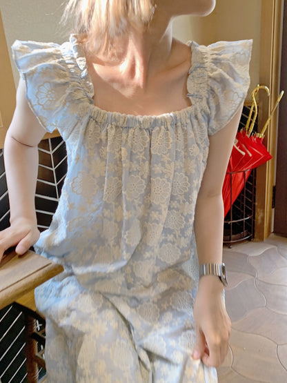 freshtaro resurrection series can't refuse the small flying sleeves gray blue frangipani embroidered dress for women summer