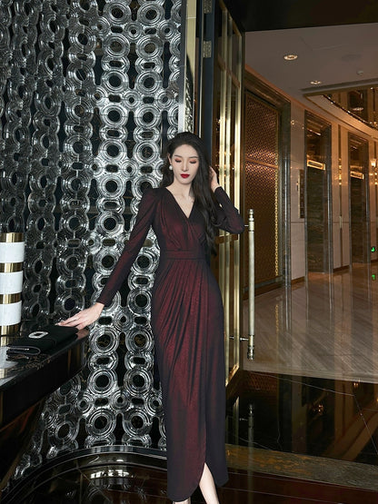 YOUKEFEIER original design solid color bronzing knitted slim and elegant French casual retro light luxury dress