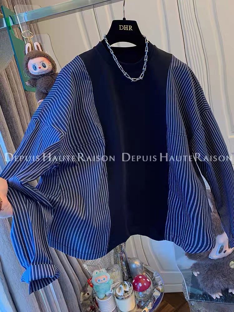 DHR design temperament navy blue sweatshirt splicing striped long-sleeved shirt fake two-piece loose top women's autumn clothing