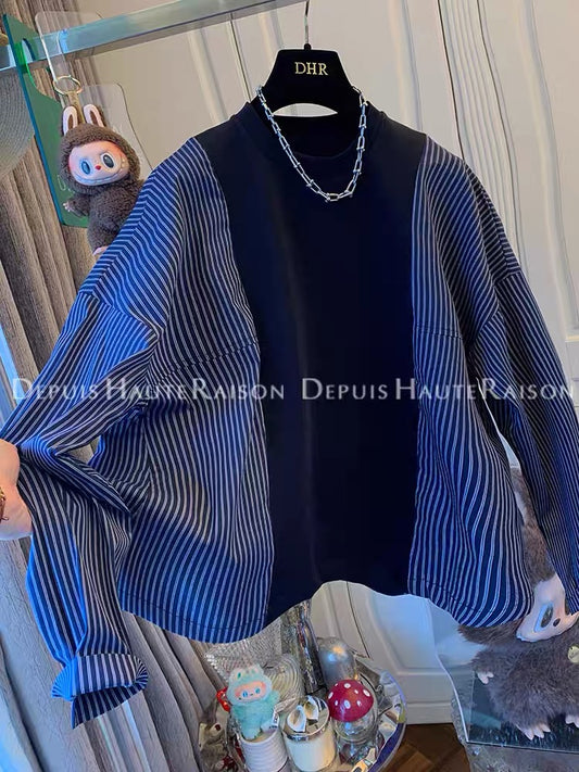 DHR design temperament navy blue sweatshirt splicing striped long-sleeved shirt fake two-piece loose top women's autumn clothing