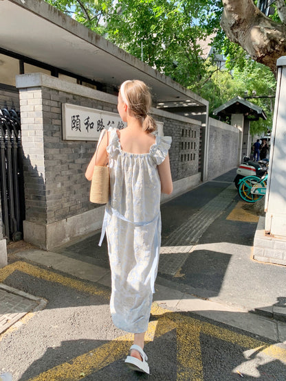 freshtaro resurrection series can't refuse the small flying sleeves gray blue frangipani embroidered dress for women summer