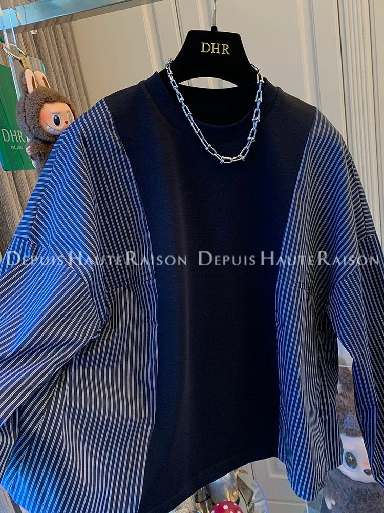 DHR design temperament navy blue sweatshirt splicing striped long-sleeved shirt fake two-piece loose top women's autumn clothing