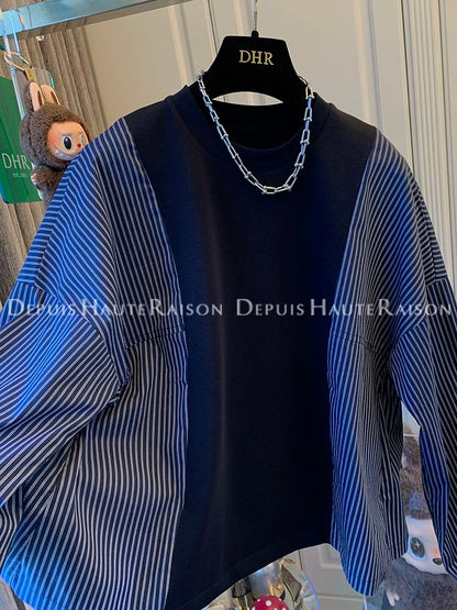 DHR design temperament navy blue sweatshirt splicing striped long-sleeved shirt fake two-piece loose top women's autumn clothing