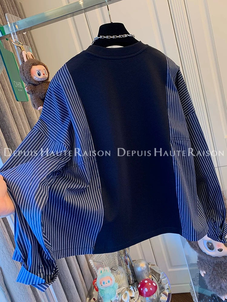DHR design temperament navy blue sweatshirt splicing striped long-sleeved shirt fake two-piece loose top women's autumn clothing