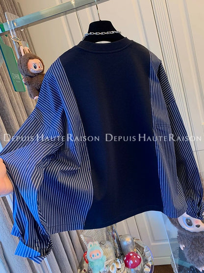 DHR design temperament navy blue sweatshirt splicing striped long-sleeved shirt fake two-piece loose top women's autumn clothing