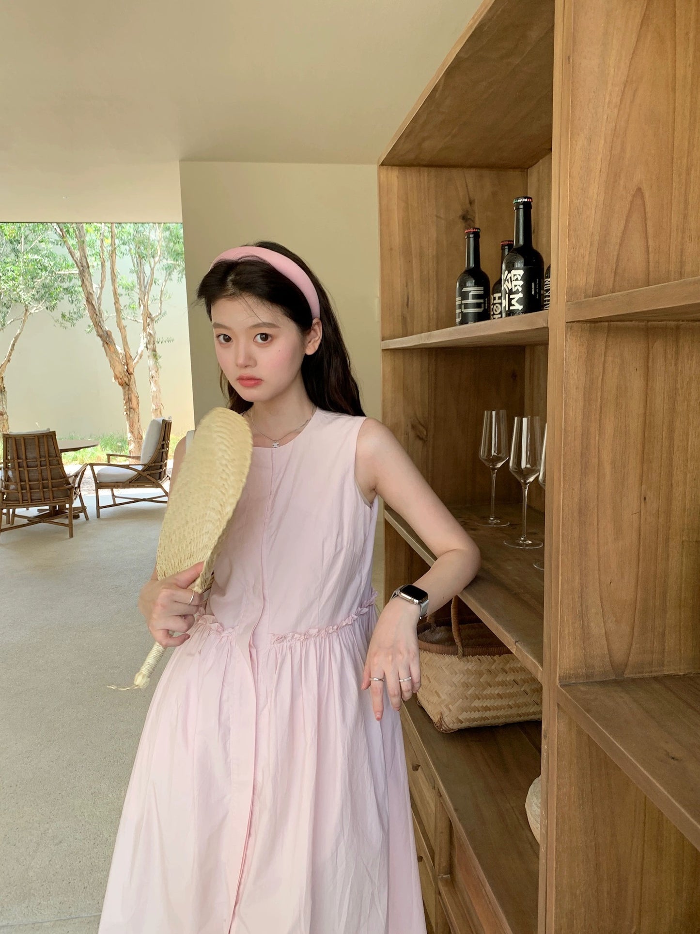 freshtaro Cream Pink Simple Round Neck Sleeveless Cotton Dress 2024 Women's Summer Vest Long Dress