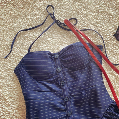 French retro holiday style sexy navy blue striped patchwork halter neck waist suspender dress
