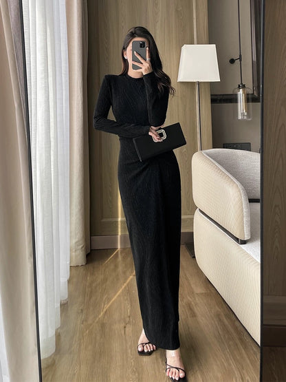 Black bright silk slit dress for women in autumn and winter new temperament sexy half turtleneck long sleeves slim slim long skirt for women