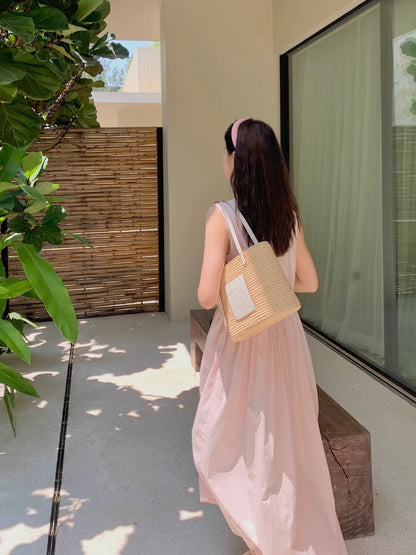 freshtaro Cream Pink Simple Round Neck Sleeveless Cotton Dress 2024 Women's Summer Vest Long Dress