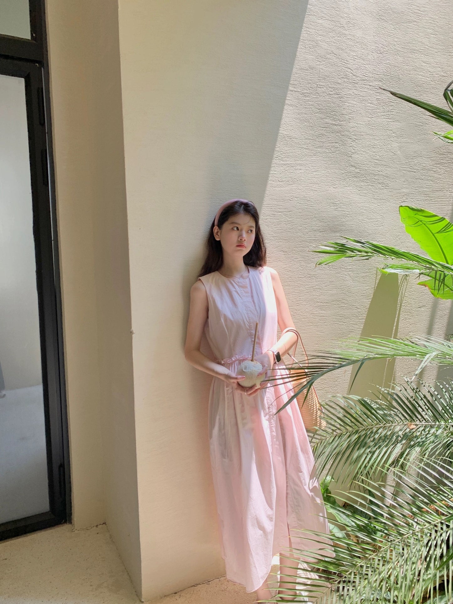 freshtaro Cream Pink Simple Round Neck Sleeveless Cotton Dress 2024 Women's Summer Vest Long Dress