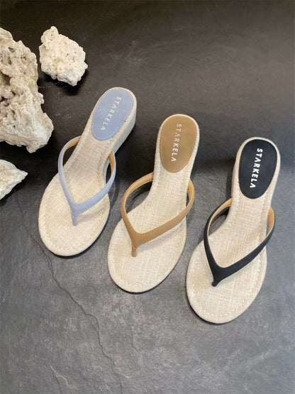 New Summer Korean-Style Sheepskin Flip-Flops for Women – Stylish Round-Toe High-Heeled Beach Slides & Casual Wedge Sandals