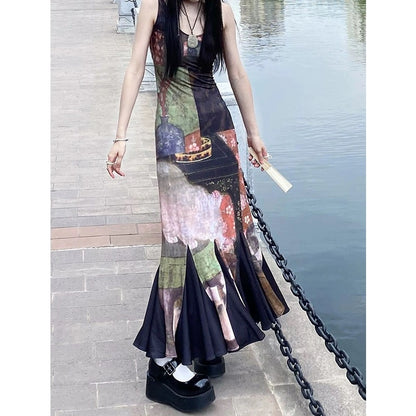 French retro oil painting style chic and unique skirt summer cold high-end dress women's slim suspender long skirt