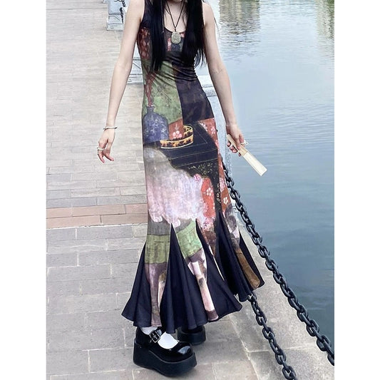 French retro oil painting style chic and unique skirt summer cold high-end dress women's slim suspender long skirt