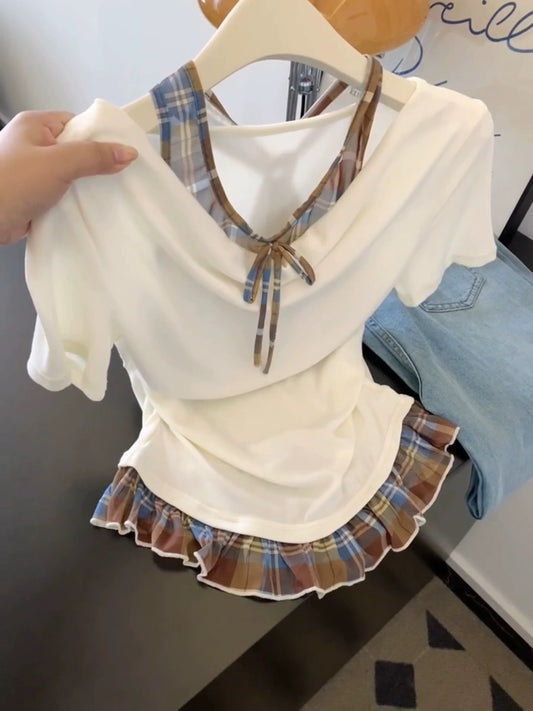 Ballet style fake two-piece plaid contrast color short-sleeved T-shirt for women in summer with a slim waist and straight shoulders.