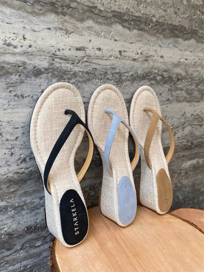 New Summer Korean-Style Sheepskin Flip-Flops for Women – Stylish Round-Toe High-Heeled Beach Slides & Casual Wedge Sandals