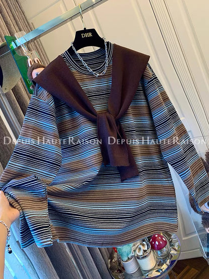 DHR American coffee color knitted shawl striped long-sleeved T-shirt two-piece loose large version top women's autumn new style
