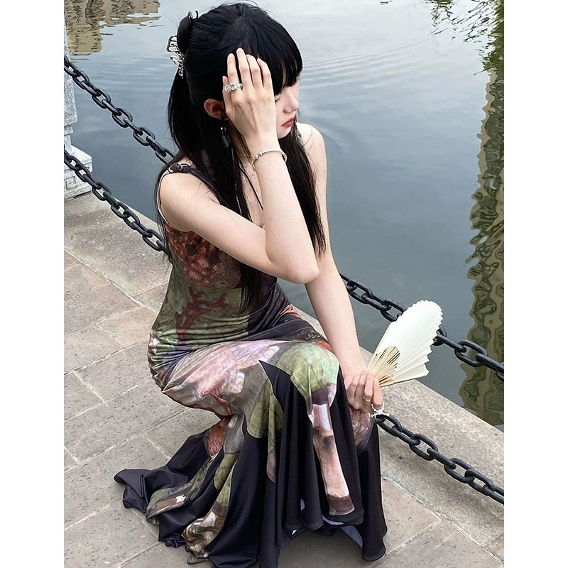 French retro oil painting style chic and unique skirt summer cold high-end dress women's slim suspender long skirt