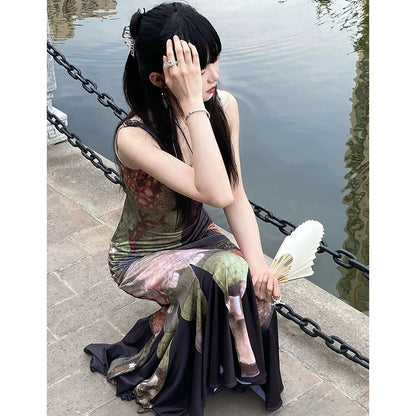 French retro oil painting style chic and unique skirt summer cold high-end dress women's slim suspender long skirt