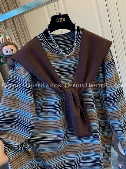 DHR American coffee color knitted shawl striped long-sleeved T-shirt two-piece loose large version top women's autumn new style