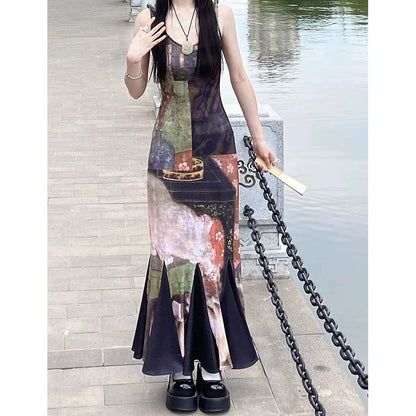 French retro oil painting style chic and unique skirt summer cold high-end dress women's slim suspender long skirt