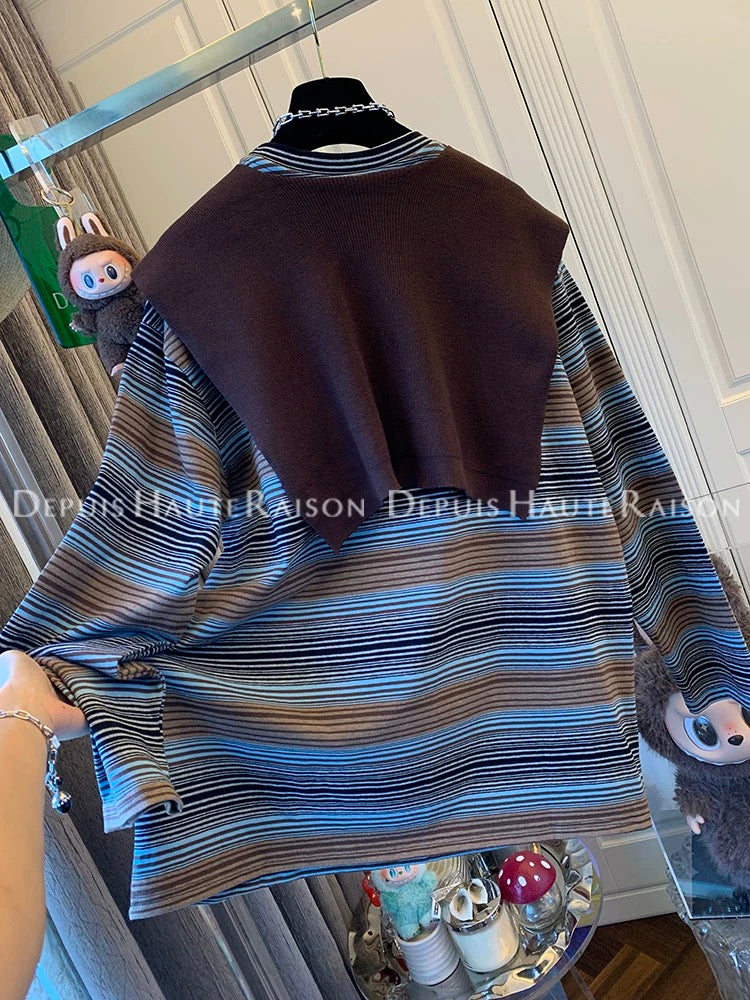 DHR American coffee color knitted shawl striped long-sleeved T-shirt two-piece loose large version top women's autumn new style