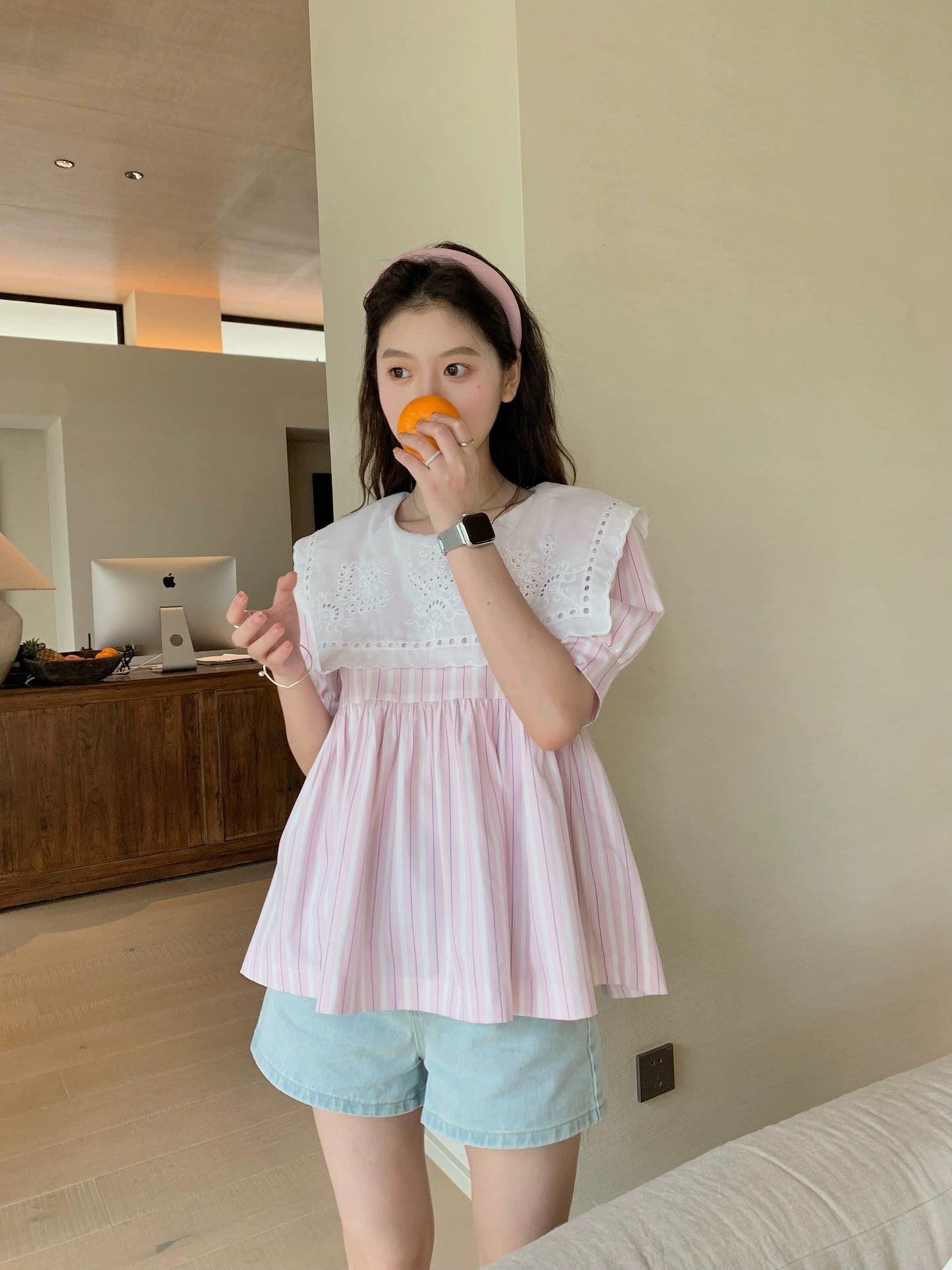 freshtaro light pink striped patchwork embroidered square collar puff sleeve doll shirt women's summer niche top