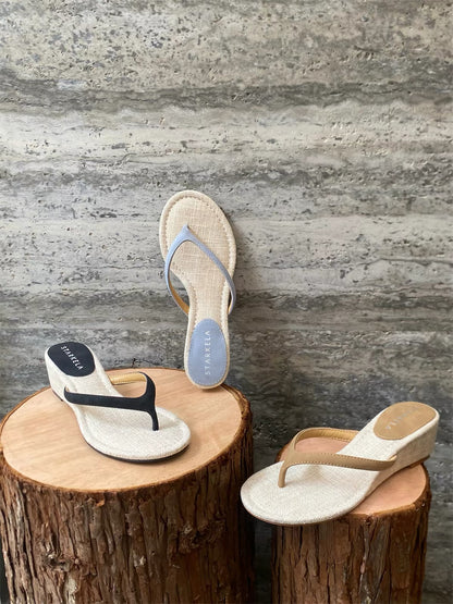 New Summer Korean-Style Sheepskin Flip-Flops for Women – Stylish Round-Toe High-Heeled Beach Slides & Casual Wedge Sandals