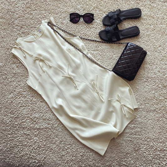 European and American style all-match off-white bow tie decorated sleeveless round neck vest dress