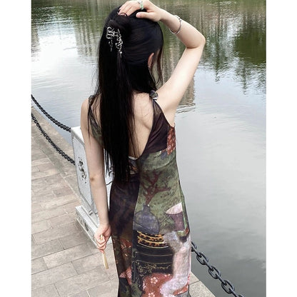 French retro oil painting style chic and unique skirt summer cold high-end dress women's slim suspender long skirt