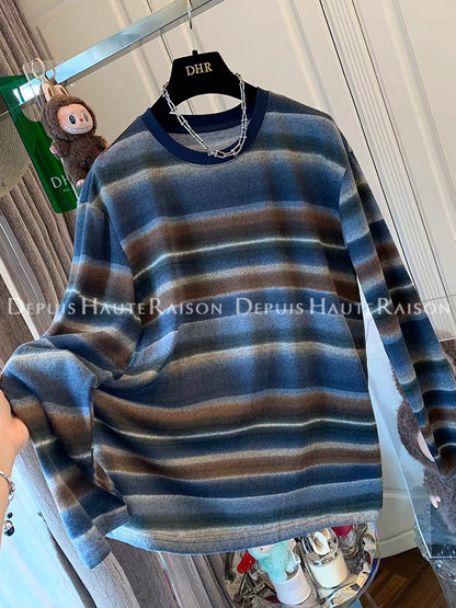 DHR unique American soft and glutinous gradient striped long-sleeved T-shirt bottoming shirt loose inner top women's autumn new style
