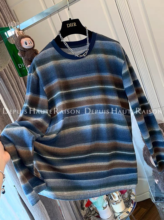 DHR unique American soft and glutinous gradient striped long-sleeved T-shirt bottoming shirt loose inner top women's autumn new style