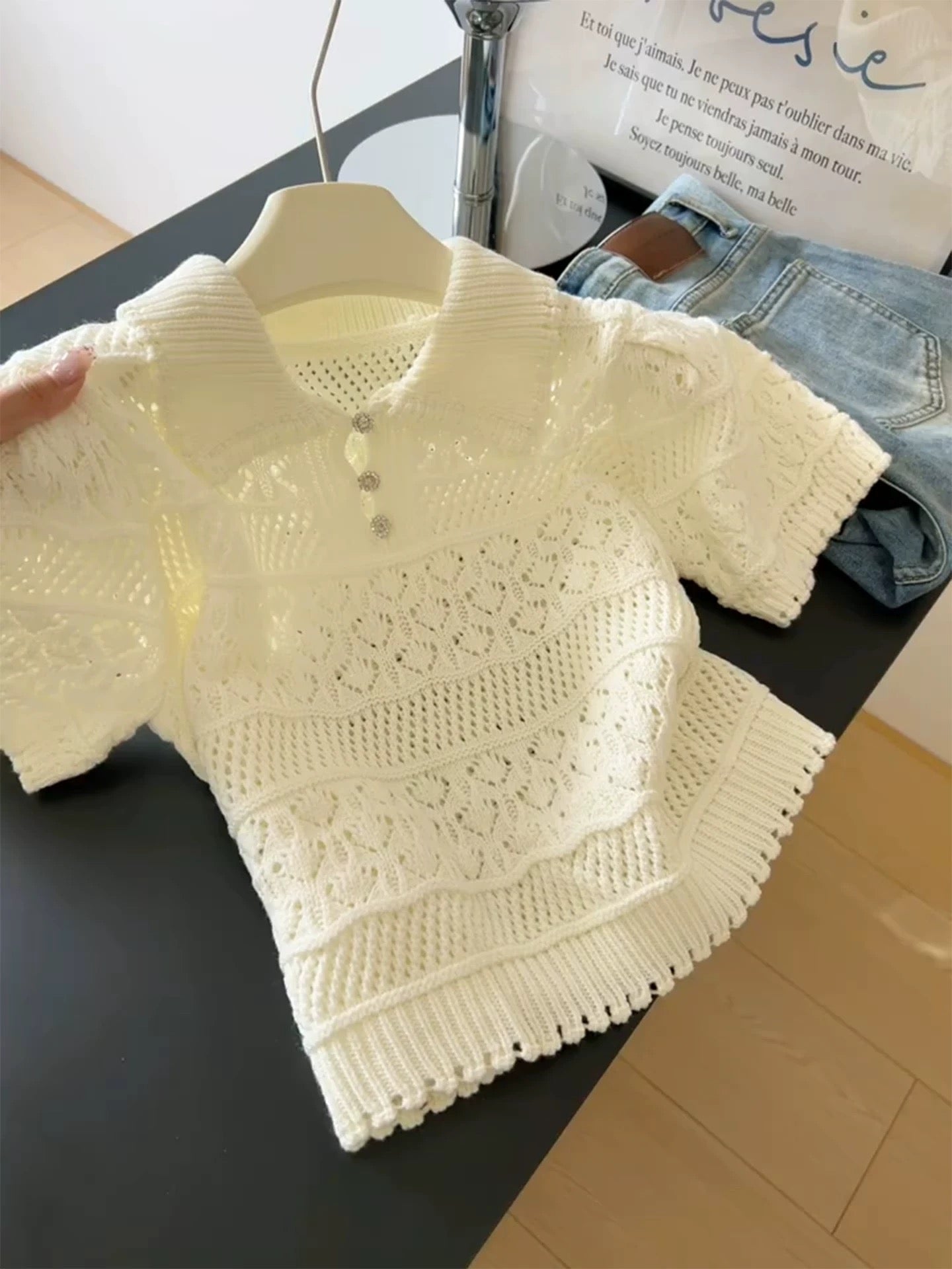 French Polo collar short-sleeved hollow knitted sweater T-shirt for women 2025 summer style small size slimming and age-reducing foreign style tops