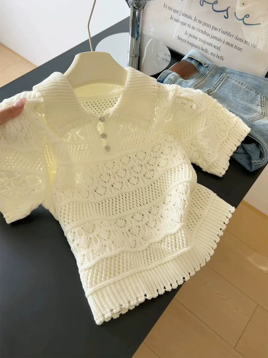 French Polo collar short-sleeved hollow knitted sweater T-shirt for women 2025 summer style small size slimming and age-reducing foreign style tops