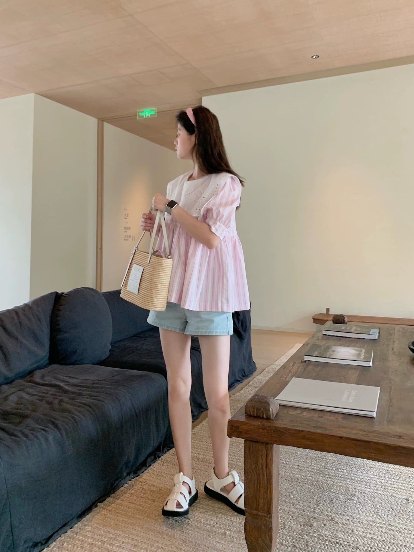 freshtaro light pink striped patchwork embroidered square collar puff sleeve doll shirt women's summer niche top