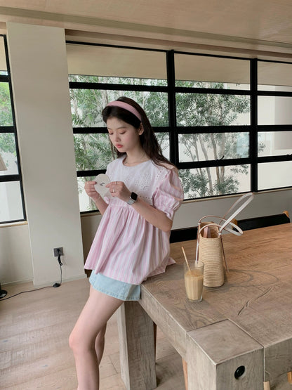 freshtaro light pink striped patchwork embroidered square collar puff sleeve doll shirt women's summer niche top