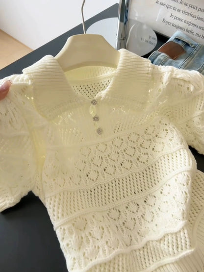 French Polo collar short-sleeved hollow knitted sweater T-shirt for women 2025 summer style small size slimming and age-reducing foreign style tops