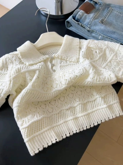 French Polo collar short-sleeved hollow knitted sweater T-shirt for women 2025 summer style small size slimming and age-reducing foreign style tops