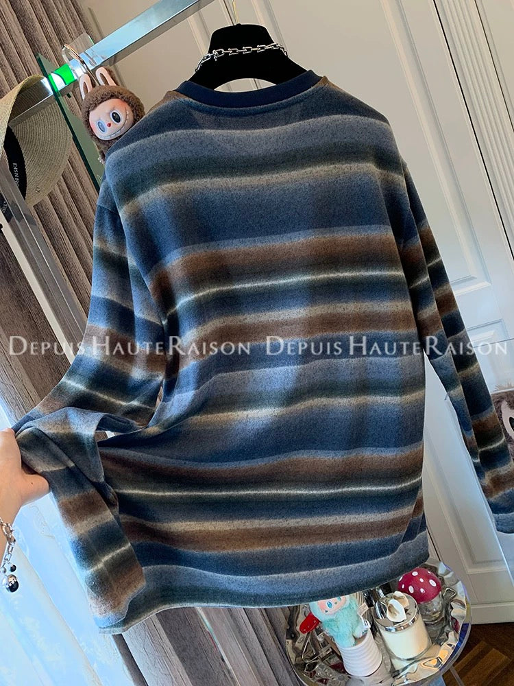 DHR unique American soft and glutinous gradient striped long-sleeved T-shirt bottoming shirt loose inner top women's autumn new style