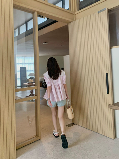 freshtaro light pink striped patchwork embroidered square collar puff sleeve doll shirt women's summer niche top