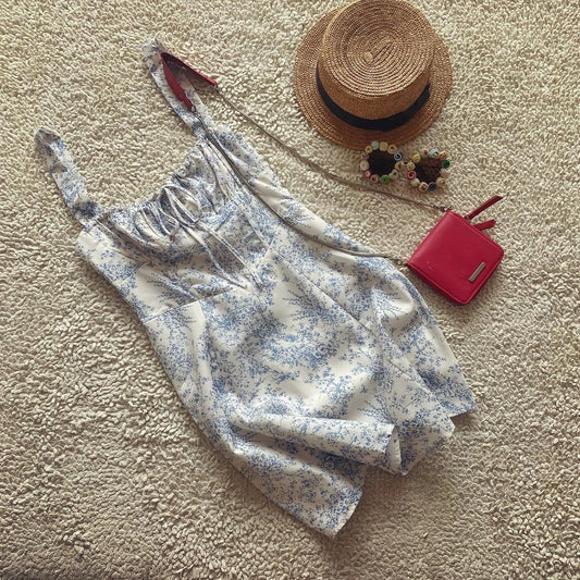 European and American style short dress with drawstring waist and blue and white porcelain print