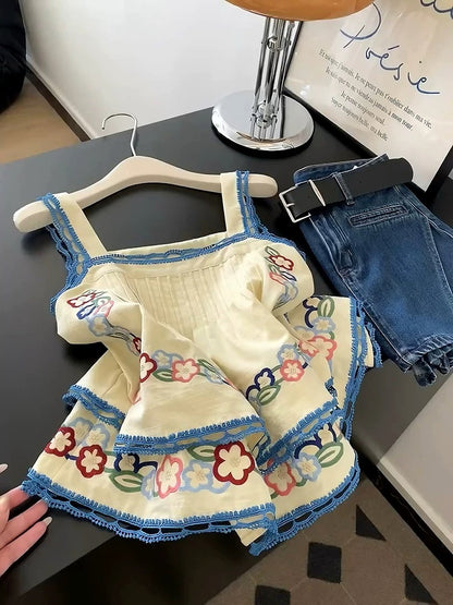 Fashionable and stylish yellow design hollow stitching suspenders for women in summer niche age-reducing embroidered pleated vest top