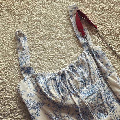 European and American style short dress with drawstring waist and blue and white porcelain print